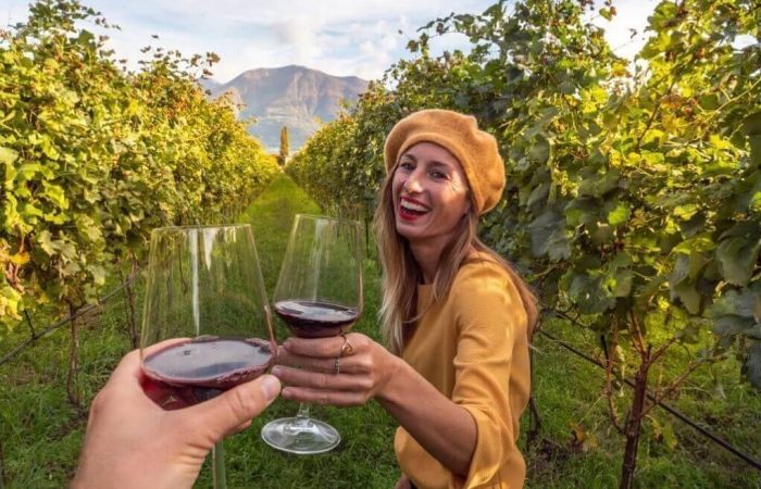 A woman cheering a wine glass on a Yarra valley wine tour