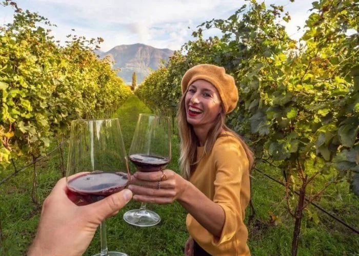 A woman cheering a wine glass on a Yarra valley wine tour