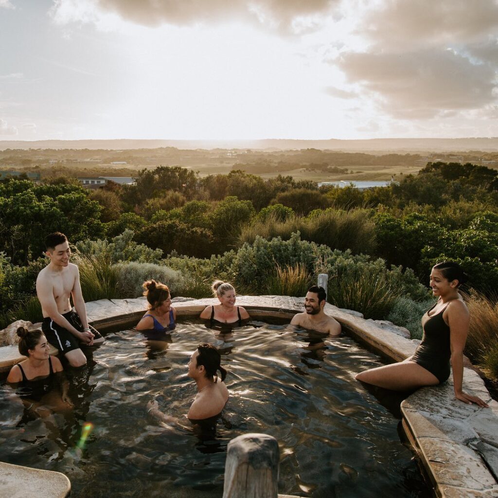 The team enjoys a natural Hot Springs during Mornington Peninsula Wine Tours