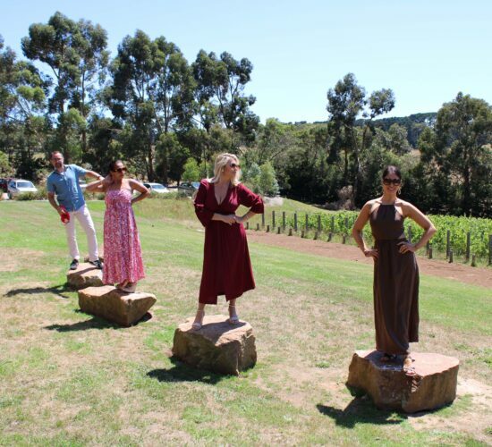 4 People On 4 Rocks To Face A Photo In Vineyard In Yarra Valley