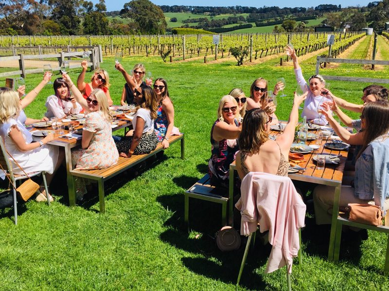 Many Girls Cheering A Wine Glass On Their Wine Tour In Gippsland
